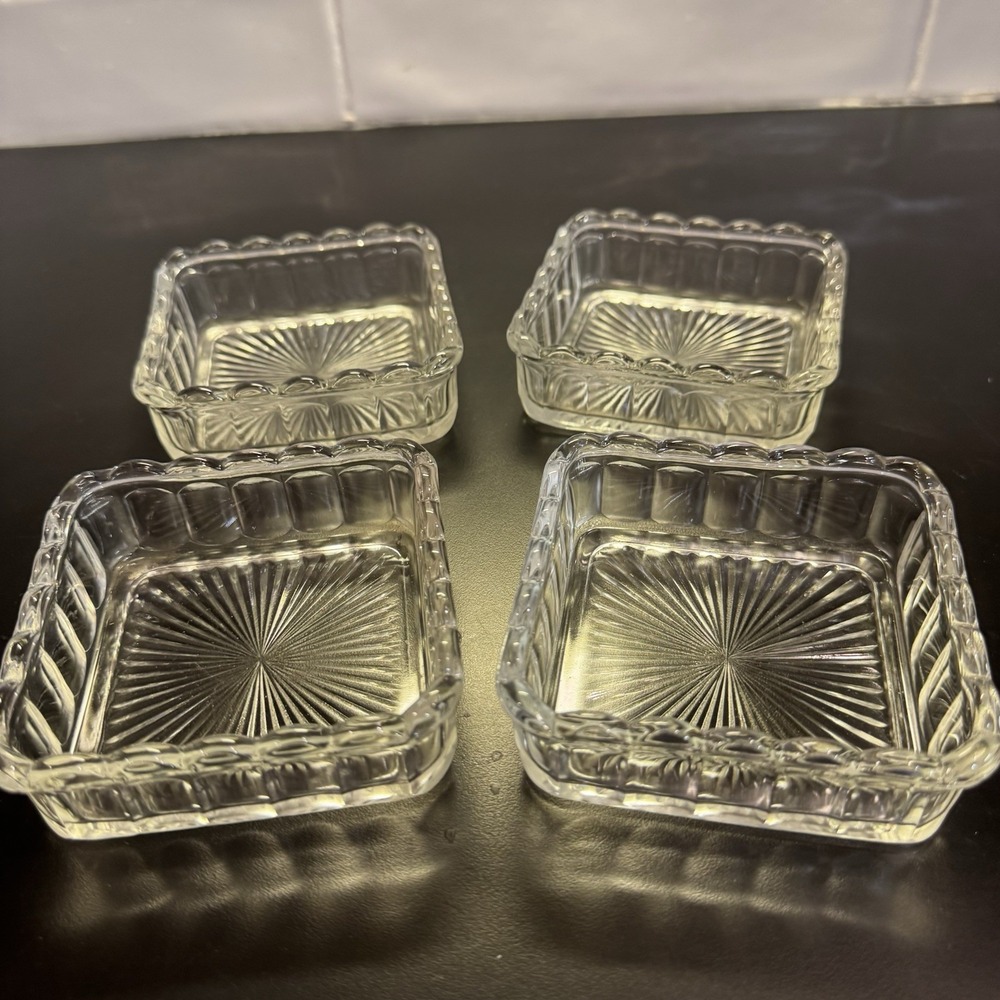 Four vintage mid century 4" glass‎ serving snack trays or butter pats